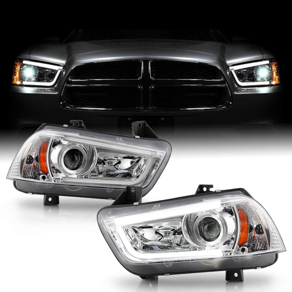 ACANII - For [HID Model] 2011-2014 Dodge Charger LED DRL Tube Chrome Housing Projector Headlights Headlamps Assembly