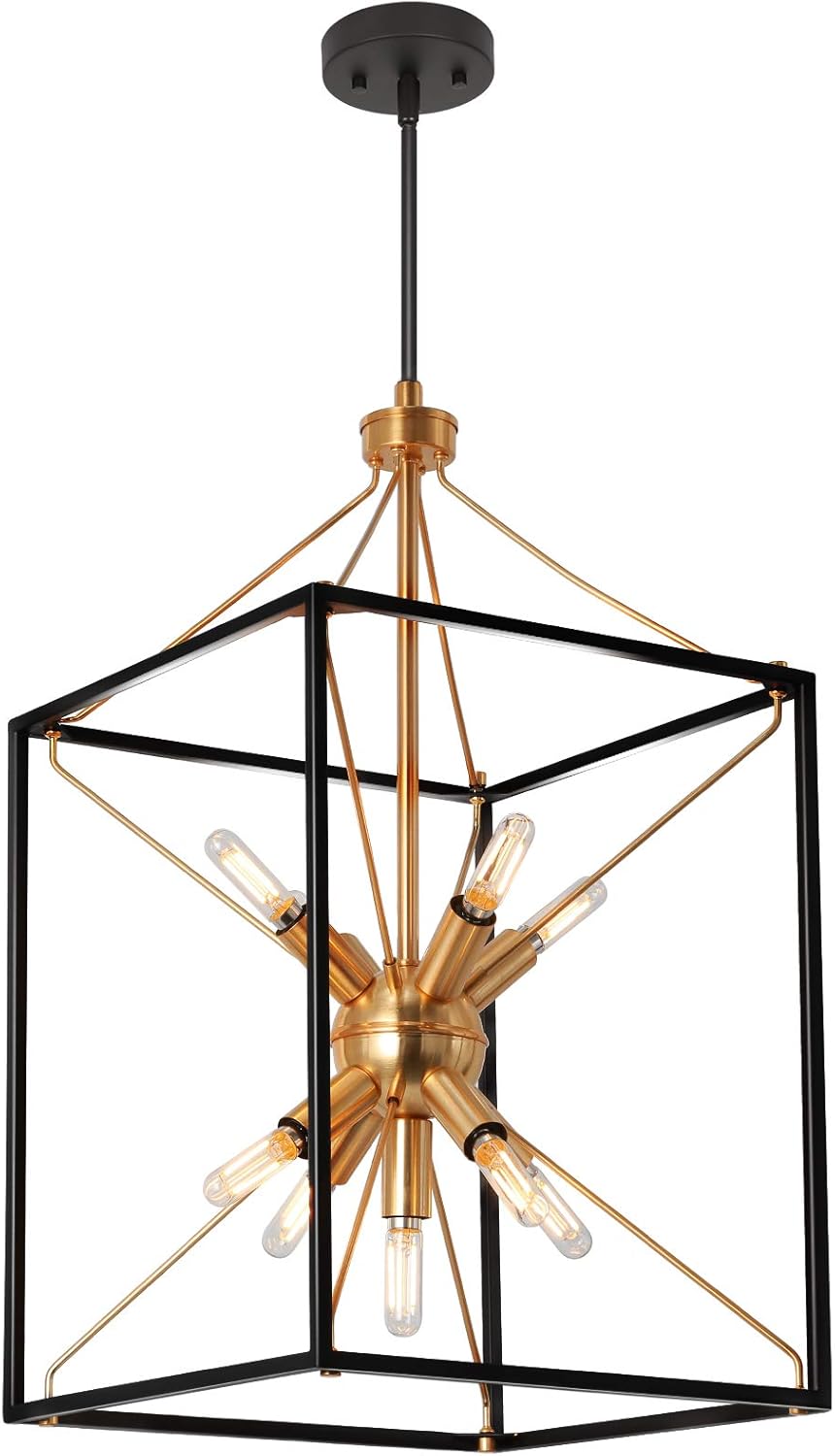 9-Light Chandelier, Adjustable Height Lantern Pendant Light with Black and Brass Finish, Metal Light Fixture for Dining & Living Room, Foyer, Bedroom, Kitchen Island and Entryway, 21.8