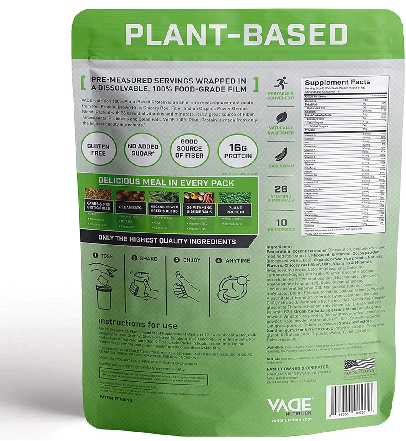 Vade Nutrition Dissolvable Plant-Based Meal Replacement Packs | Chocolate | On-The-Go, 100% Vegan, 26 Vitamins & Minerals, 10 Superfoods, Lactose Free, Gluten Free, No Sugar Added, Lean, 14 Servings Pack of 2