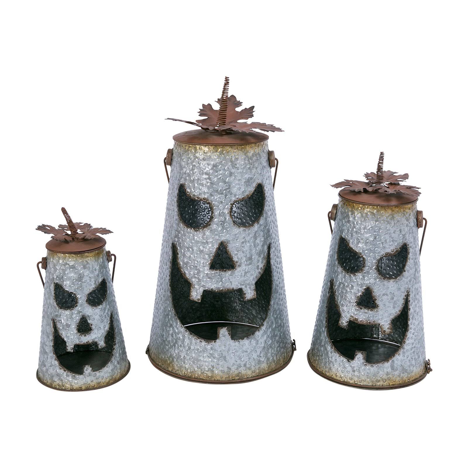 Gerson Assorted Metal Hammered Jack-O-Lantern Luminaries with Leaf Details (Set of 3)