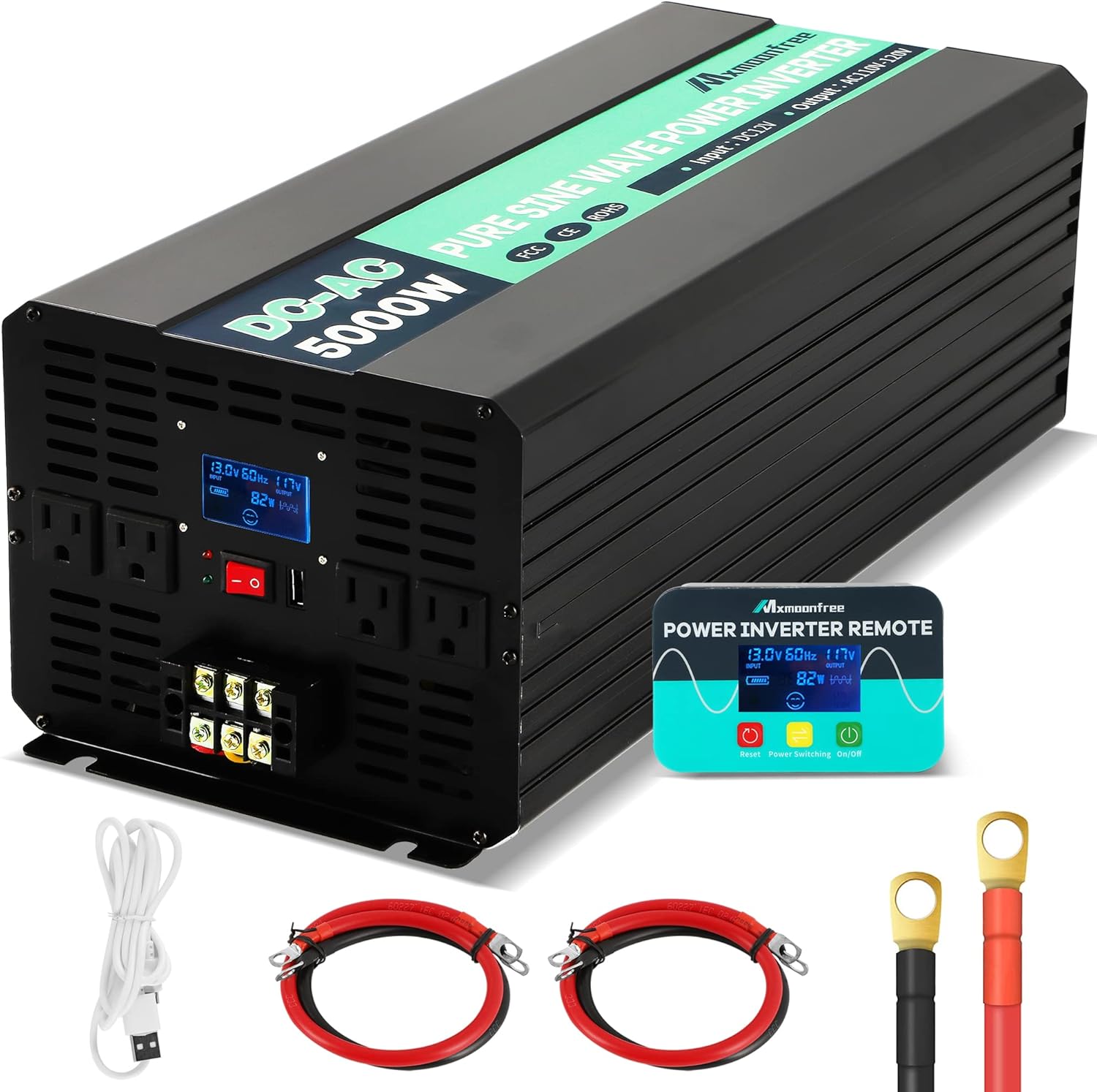 Mxmoonfree 5000W Pure Sine Wave Power Inverter 12V DC to 110V AC with Wireless Remote Control LCD Display 1 USB Port, 4 AC Outlets, 2 Terminal Blocks for RV Truck Cabin Off Grid