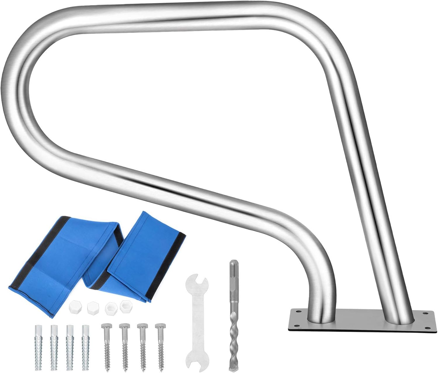 VEVOR Pool Rail 32x23 Pool Railing 304 Stainless Steel 250LBS Load Capacity Silver Rustproof Pool Handrail Humanized Swimming Pool Handrail with Blue Grip Cover & M8 Drill Bit & Self-Taping Screws