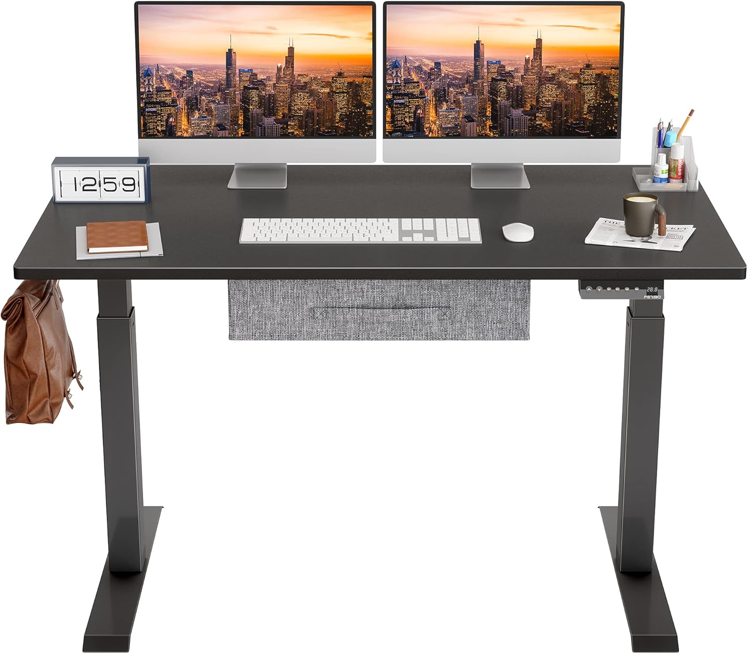 BANTI Electric Standing Desk with Drawers, Sit Stand Desk with 48x24 Inches Splice Board, Motorized Height Adjustable Standing Desk with Black Frame/Rustic Brown Top