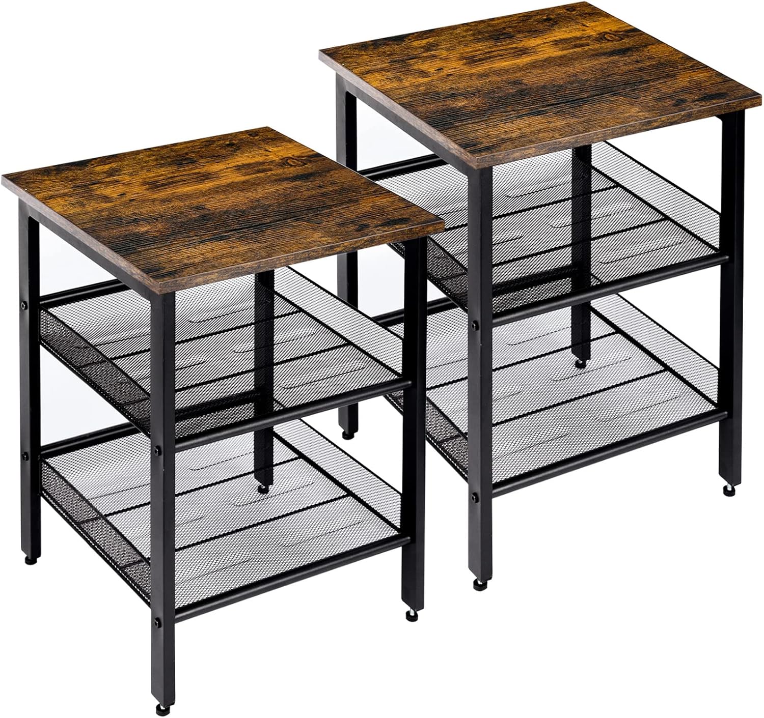 AMHANCIBLE Side Table Living Room Set of 2, Industrial End Table with Mesh Shelves, Bedside Tables for Small Space, Rustic Nightstand Brown