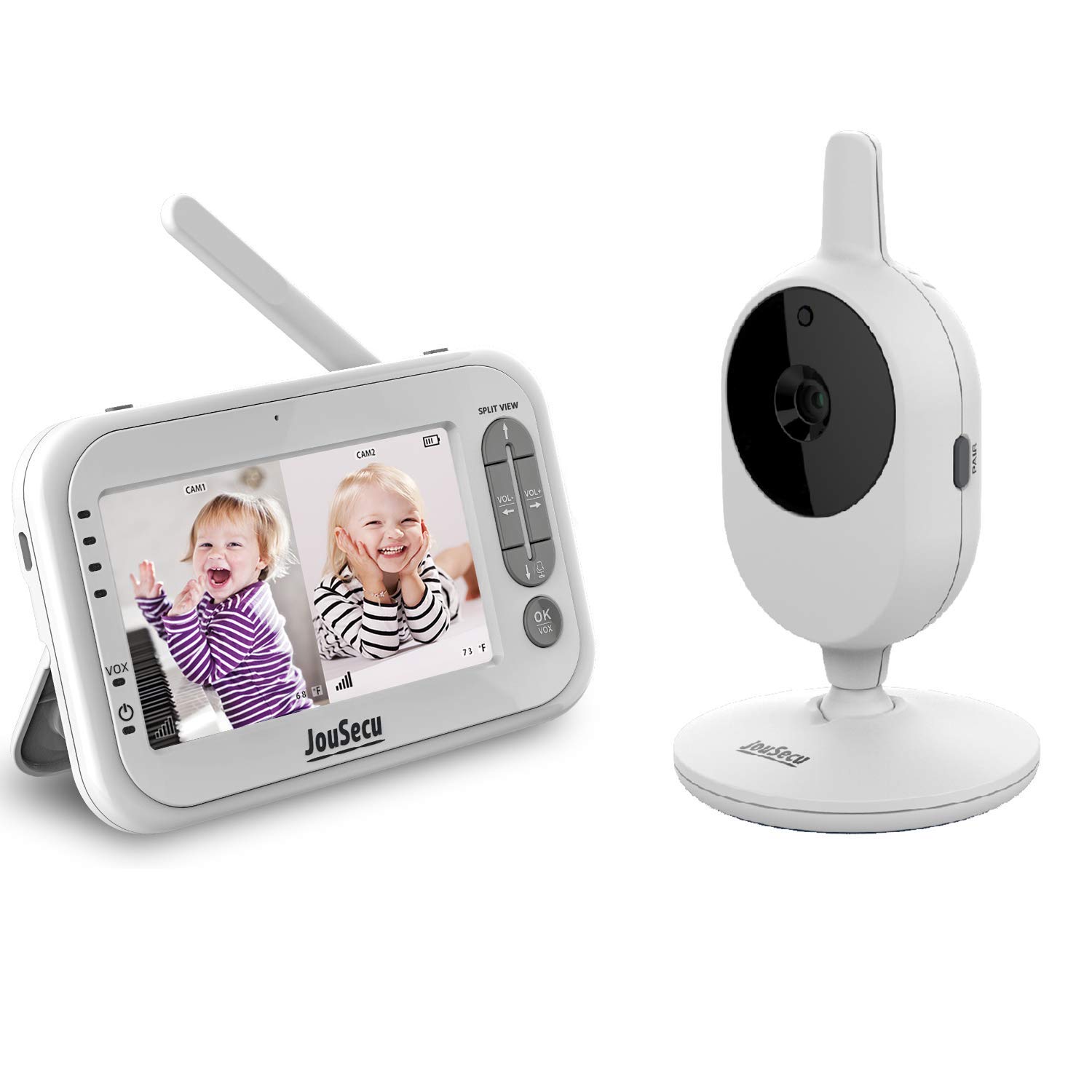 Video Baby Monitor JouSecu Infant Monitor with 1 Camera 4.3 Inches LCD Split Screen 1440mAh Rechargeable Battery Temperature Detection Baby Crying Detection Night Vision 2-Way Audio Pack of 2