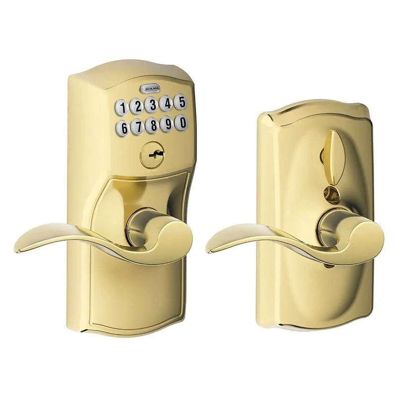 Schlage FE595CAM505ACC Accent Keypad Lever with Camelot Trim Finish: Polished Brass