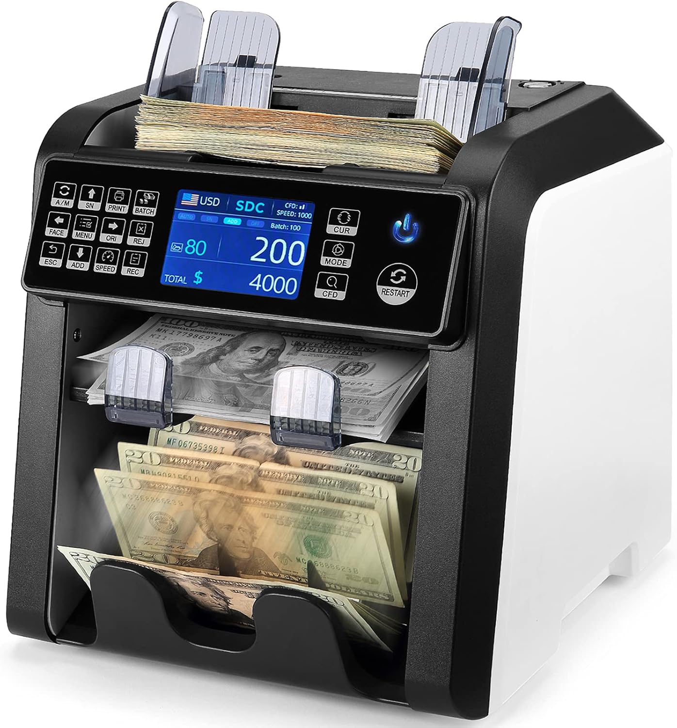 MUNBYN Dual Money Counter Machine Mixed Denomination and Sorter, Sort on DENOM/FACE/ORI, Value Counting, Counterfeit Detection 2 CIS/UV/MG/IR, Print Enabled, Mixed Bill Counter, 3-Year Warranty