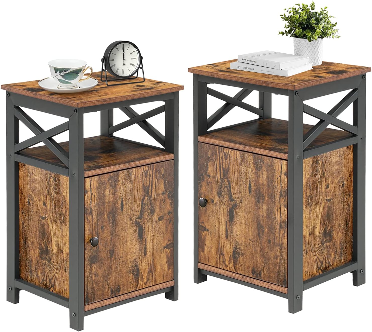 VECELO Modern End Side Table with Storage Cabinet,Large Capacity Bedside Nightstand for Living Room, Bedroom,Office,Easy to Assemble,Set of 2, Antique Brown 2set