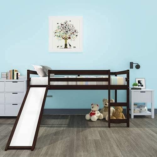 STP-Y Wood Loft Bed, Twin Loft Bed with Slide for Kids, Space-Saving Loft Bed Frame with Safety Rail Ladder, No Box Spring Needed (Espresso) (Color : Grey)