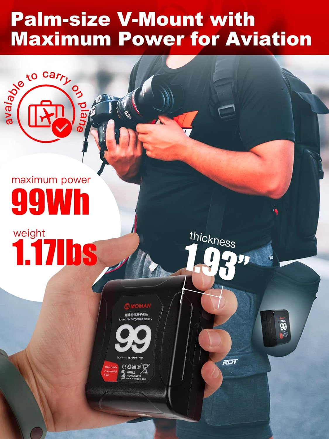 Moman V Mount Battery, Power VMount V-Lock Batteries 99Wh 15A Draw with Dual D-Tap & USB Outputs Mini Power Bank for Blackmagic Cameras Camcorders LED Lights Monitor, Moman-Dtap-V-Mount-Battery