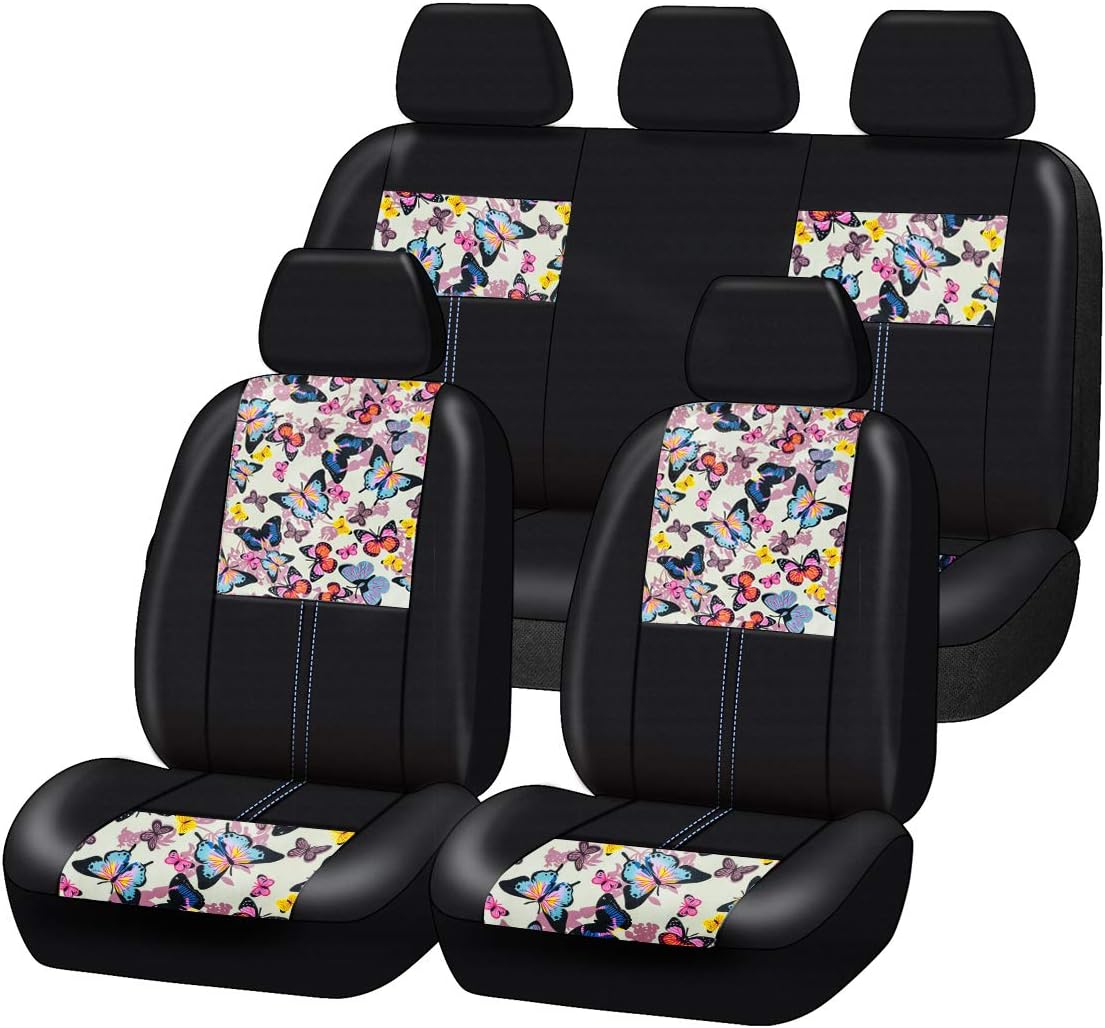 CAR-GRAND Universal Fit Gorgeous Butterfly Leather Car Seat Covers with Zipper Design, Full Set Package,Airbag Compatible (Dark Blue)