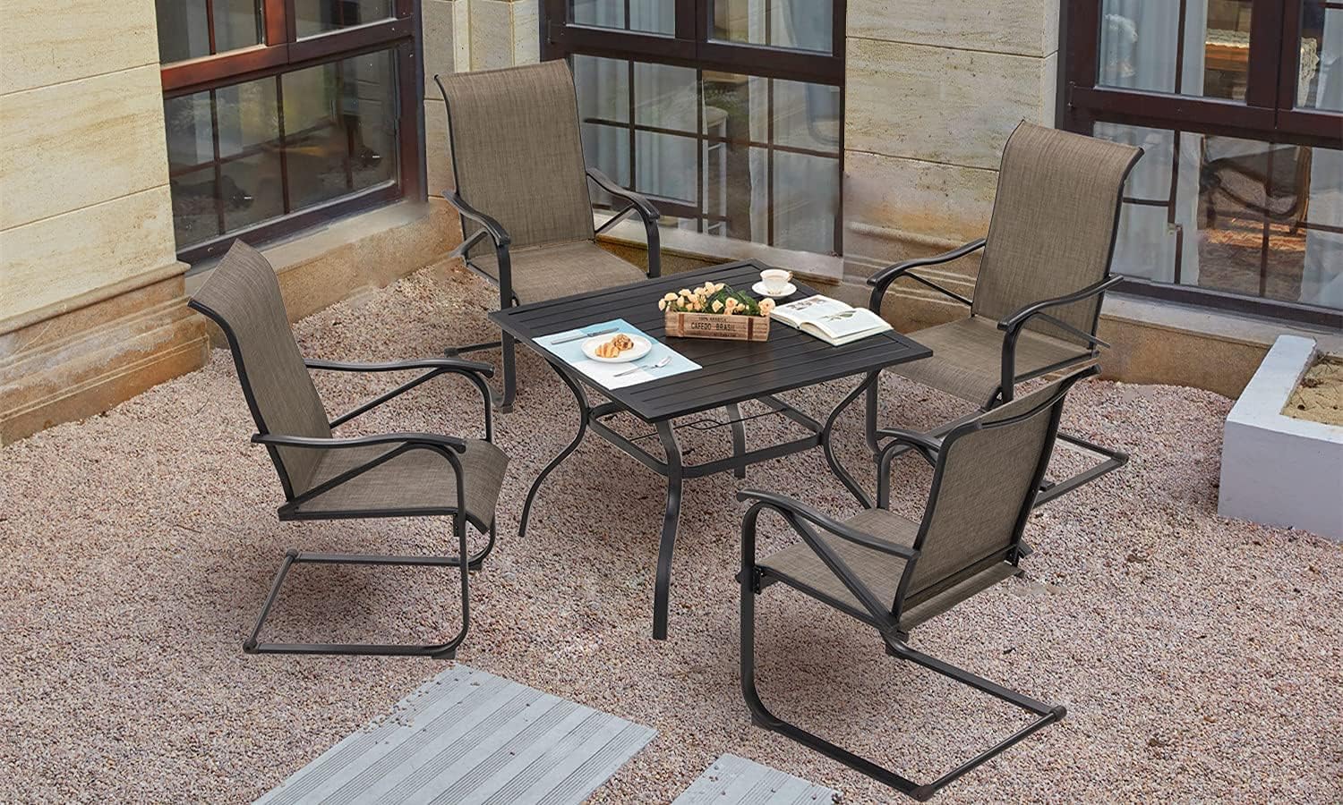 VICLLAX 5 Pcs Patio Dining Set, 1 Metal Dining Table and 4 Spring Motion Metal Patio Dining Chairs with High Back