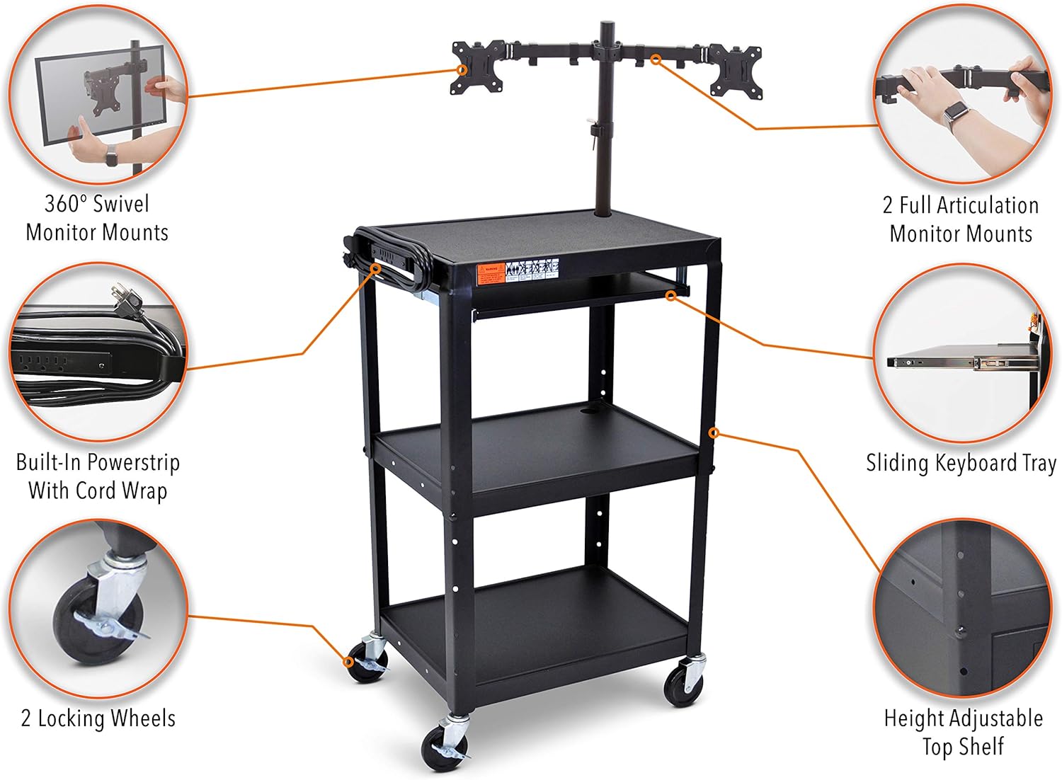 Line Leader AV Cart with Keyboard Tray and Dual Monitor Mount | Mobile Workstation/Presentation Cart with Monitor Arm | Take Your Office On-The-Go with Our Stand Up Computer Cart (Black / 24 x 18)