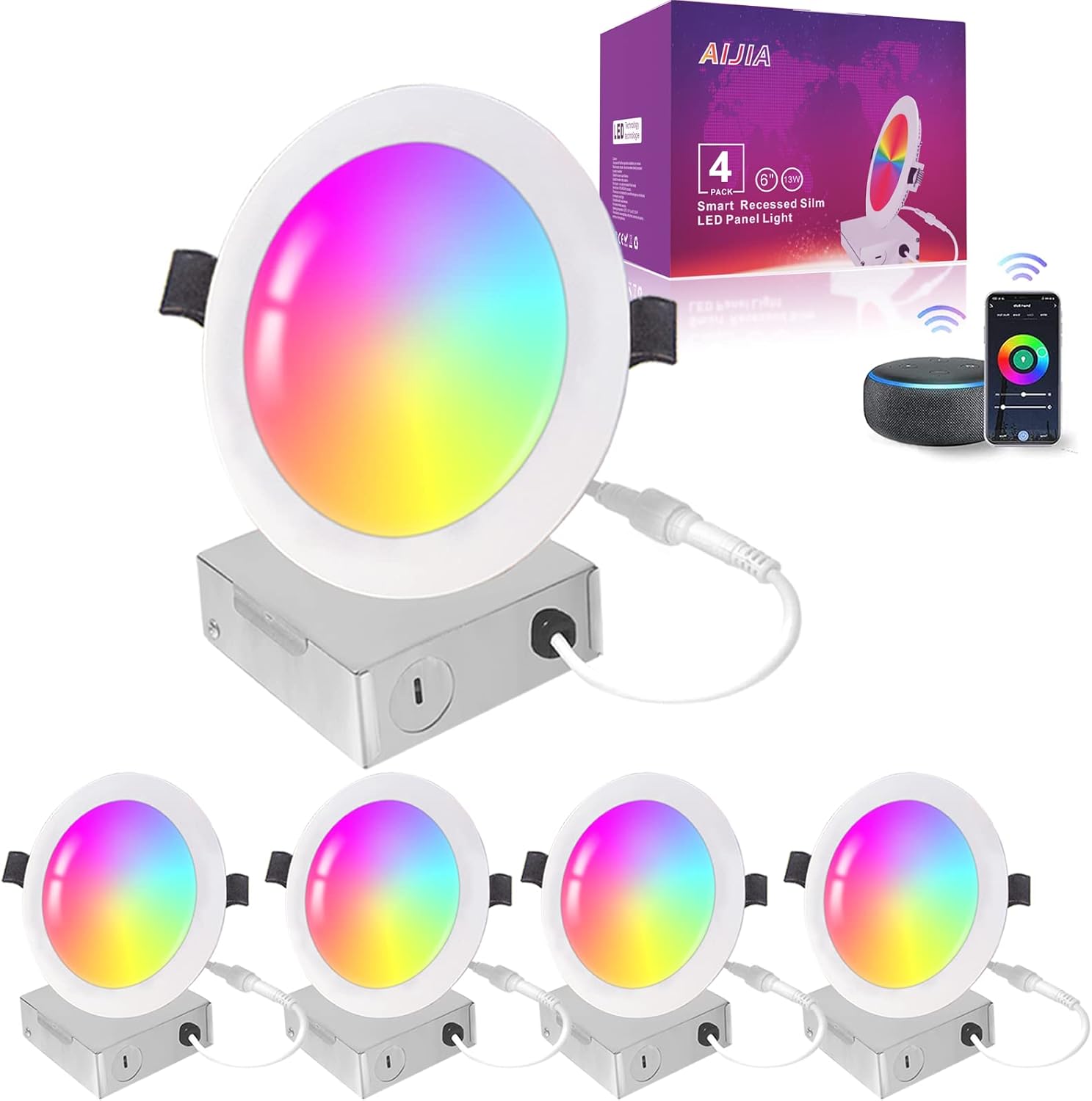 AIJIA Smart led Recessed Lighting 6Inch - Dimmable Smart Recessed Lighting - Led Downlight with Junction Box - APP Control 13W 1040LM High Brightness Compatible with Alexa/Google - 4Pack