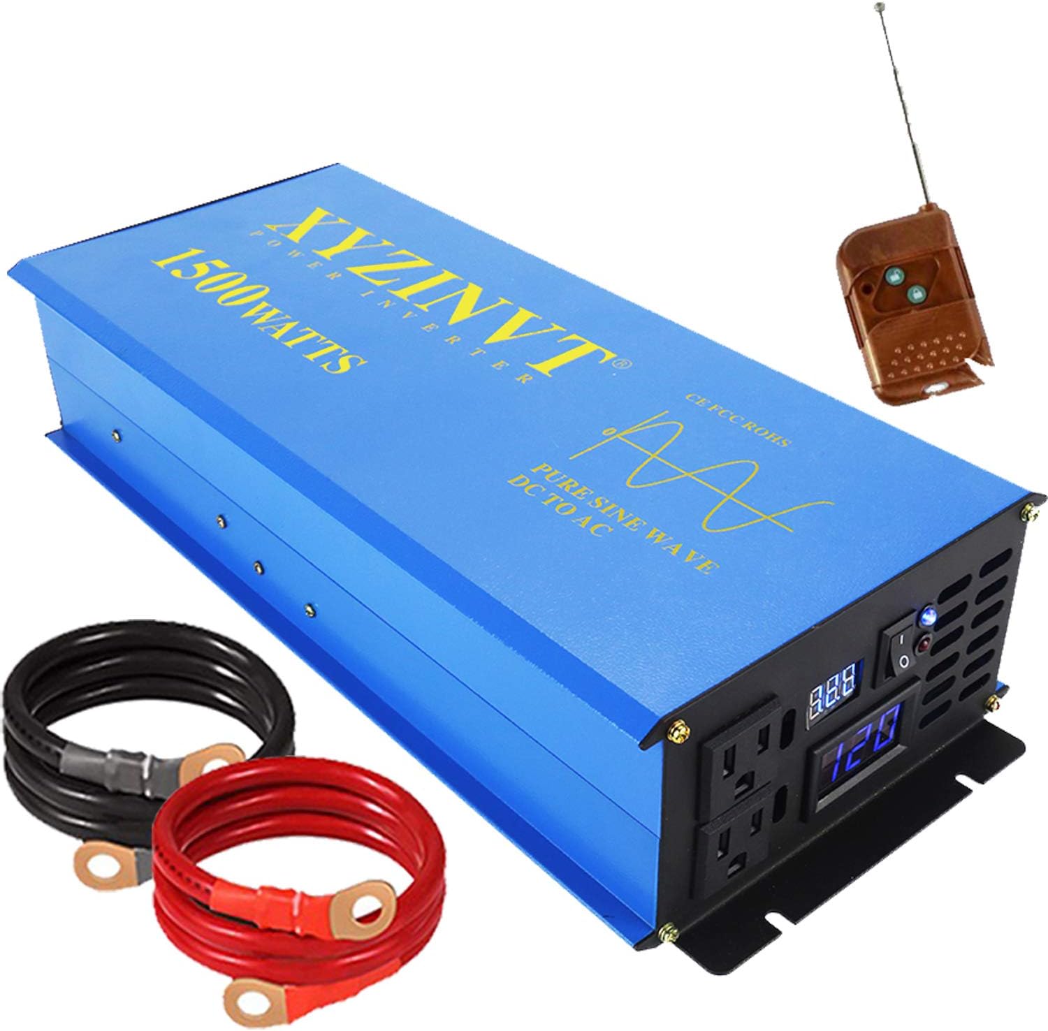 XYZ INVT 1500watt Pure Sine Wave Power Inverter dc 12v to ac 120v with LED Display and 150ft far Wireless Remote Controller (1500w12v RC)