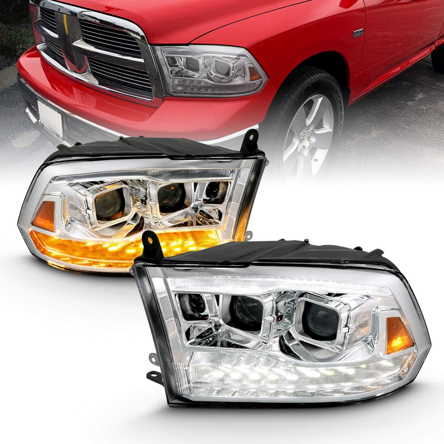 AmeriLite for 2009-2018 Dodge Ram 1500 2500 3500 Black Dual Quad Projector Switchback LED Tube Headlights Assembly for Both Model - Passenger and Driver Side