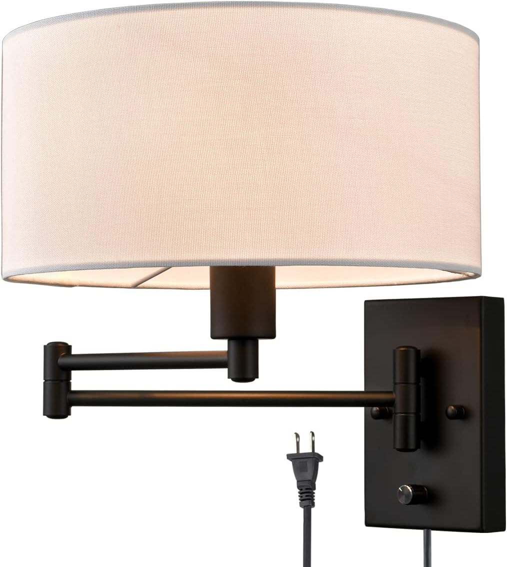 Black Wall Sconce Plug in Wall Light Fixture Fabric Shade 1-Light Swing Arm Wall Lamp with Plug in Cord Wall Light