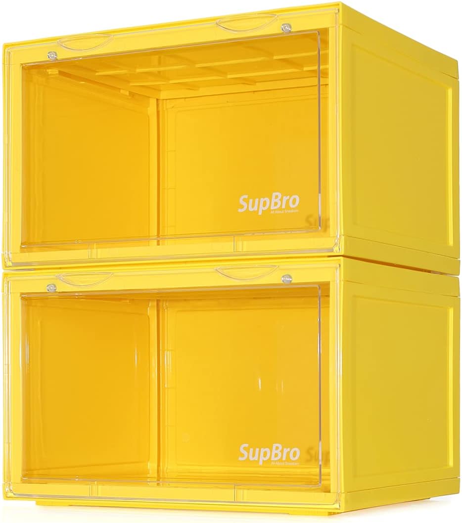 SupBro Collection Crate - Easy Access Storage Shoes Box -Plastic Foldable Stackable Sneaker Display Storage with Clear Side Open Door Organizer-2 Pack(Ice Orange)