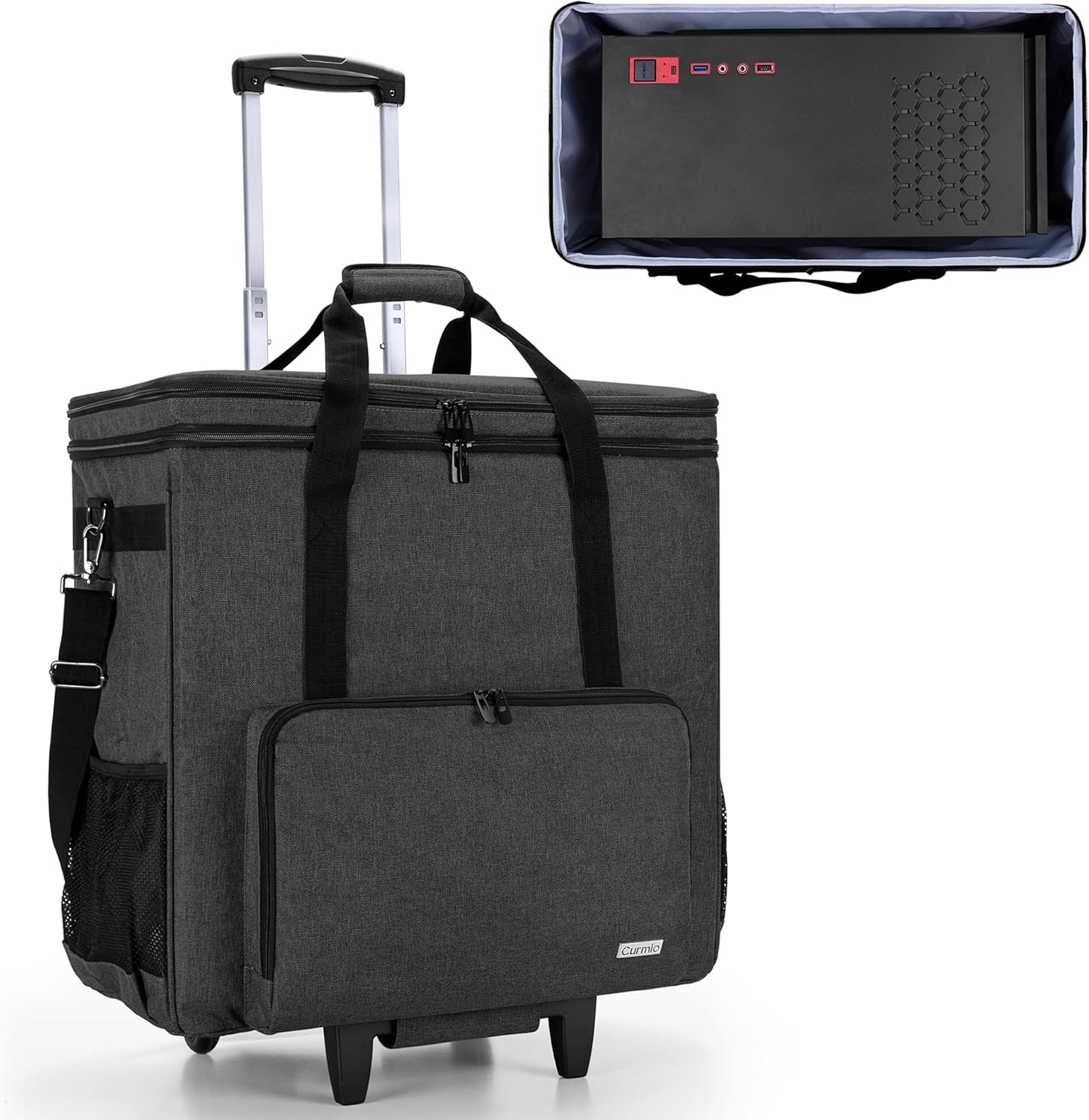CURMIO Rolling Desktop Computer Carrying Case with Wheels, Double Layers Computer Tower Travel Bag with Detachable Dolly for PC Chassis, Keyboard and Mouse, Black (Bag Only, Patented Design)