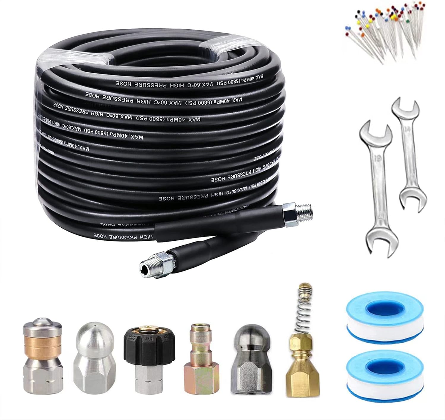 150FT Sewer Jetter Kit for Pressure Washer,Sewer Jetter Nozzles Kit,Drain Cleaning Hose, Rotating and Button Nose Sewer Jetting Nozzle,1/4 Inch NPT, Pearl Corsage Pin 5800 PSI (150) Pack of 2