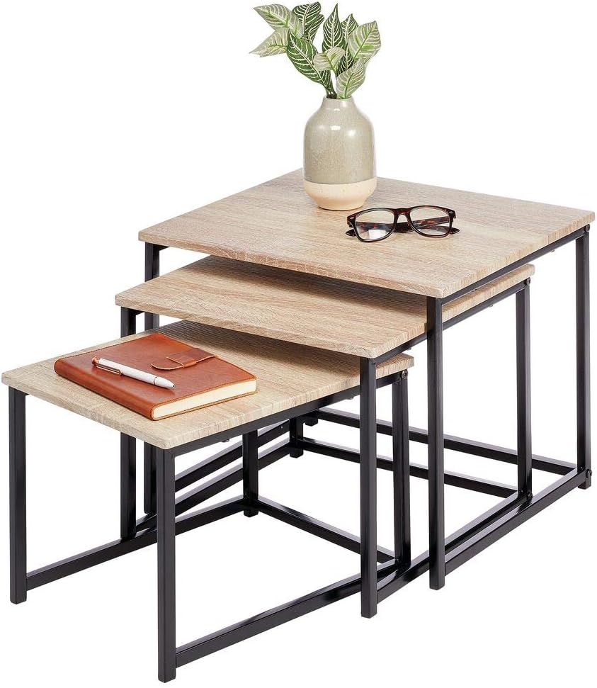 mDesign Modern Farmhouse Nesting Side/End Table - Metal Wood Design - Sturdy Vintage, Rustic, Industrial Home Decor Accent Furniture for Living Room, Bedroom - Set of 3 - Marble/Black Pack of 2