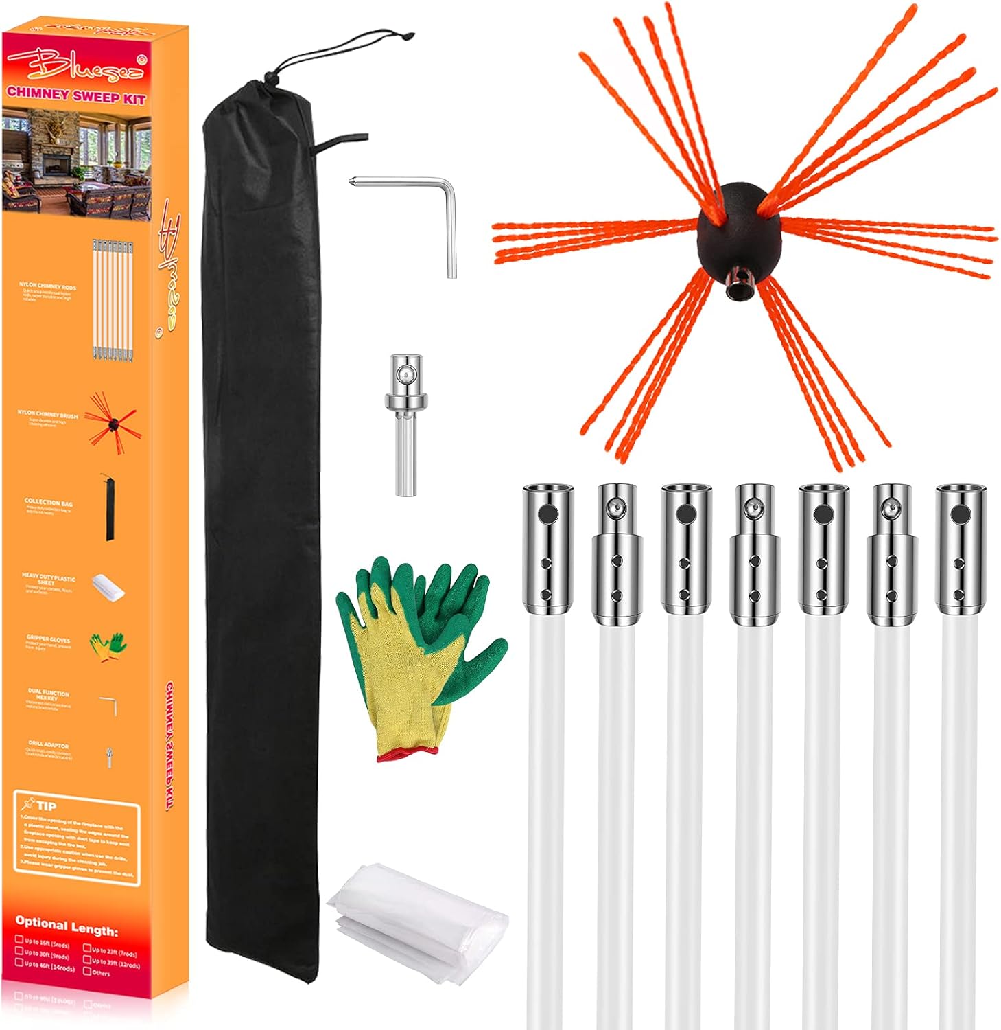 Bluesea 23 Feet Chimney Sweep Kit, Chimney Cleaning Kit, Extends Up to 23 Feet, Chimney Cleaner, Chimney Cleaning Tools, Chimney Cleaning System with Chimney Brush, 7 Flexible Chimney Rods Pack of 2