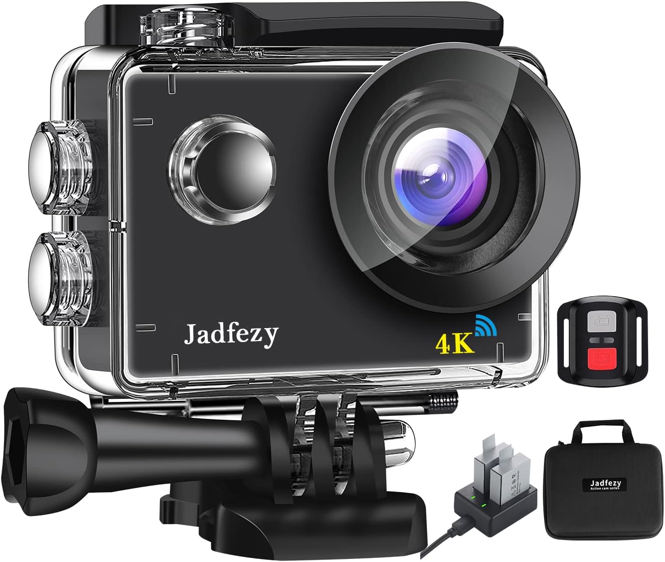 Jadfezy Action Camera 4K with WiFi, Remote Control, Ultra HD Sports Camera with 20 MP and 170 &deg; Wide Angle, 30M/98FT Underwater Waterproof Camera with 2 Batteries and Mounting Accessories Kit