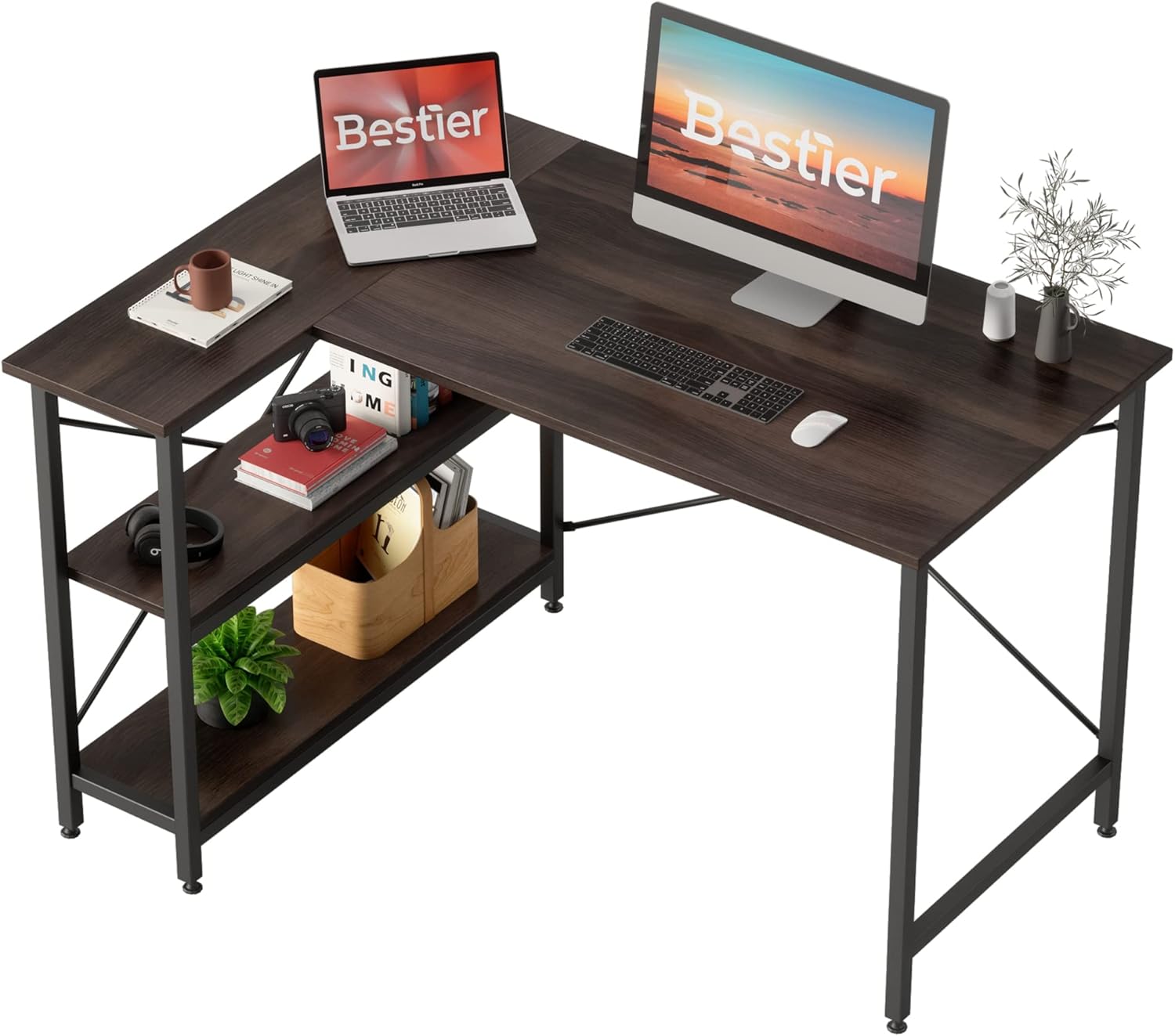 Bestier Small L Shaped Desk with Shelves 47 Inch Reversible Corner Computer Desk Writing Gaming Storage Table for Home Office Small Space, Oak