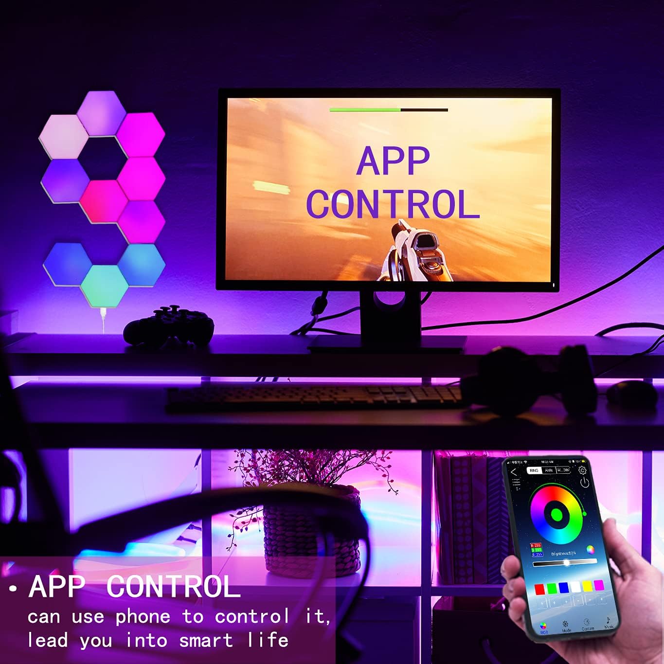 Hexiher Smart Hexagon RGB LED Wall Light Panels APP Control 10 Pack,Sync to Music,Modular Light Panels DIY Geometry Splicing Night Light for Gaming Setup,Bedroom,Living Room,Party Decor