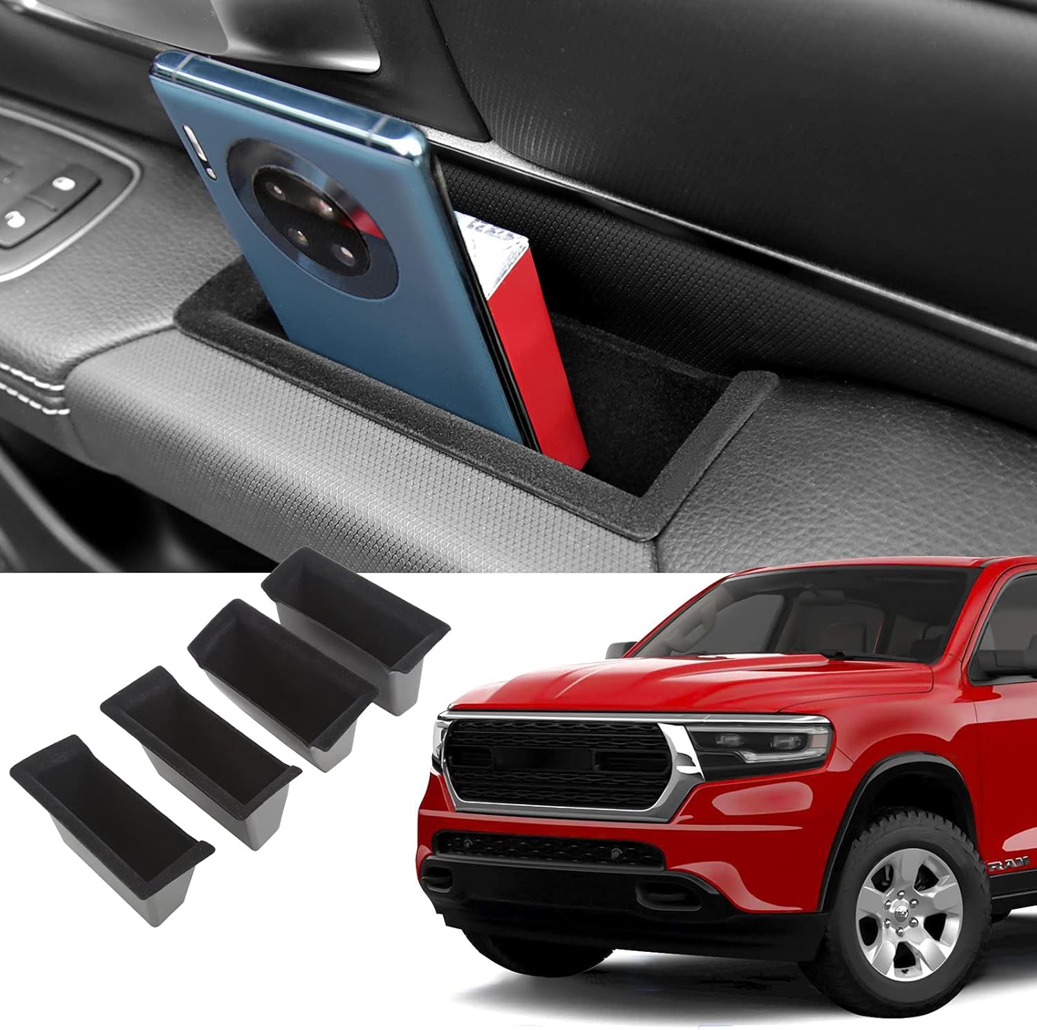 Xipoo Fit for 2019 2020 2021 2022 Dodge Ram Door Side Storage Box Door Organizer 4pcs for Ram 1500 Interior Accessories