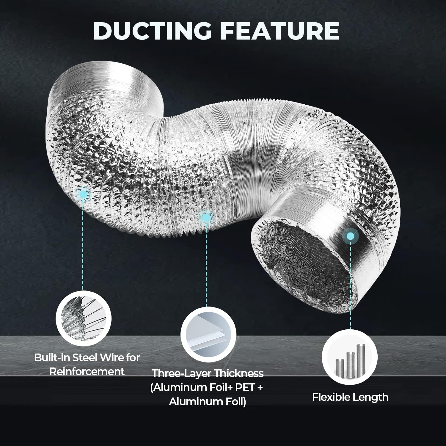 iPower GLDUCT10X25CX6 6 Pack 10 Inch 25 Feet Non-Insulated Flex Air Aluminum Ducting Dryer Vent Hose for HVAC Ventilation, 2 Clamps per pack Included, Silver