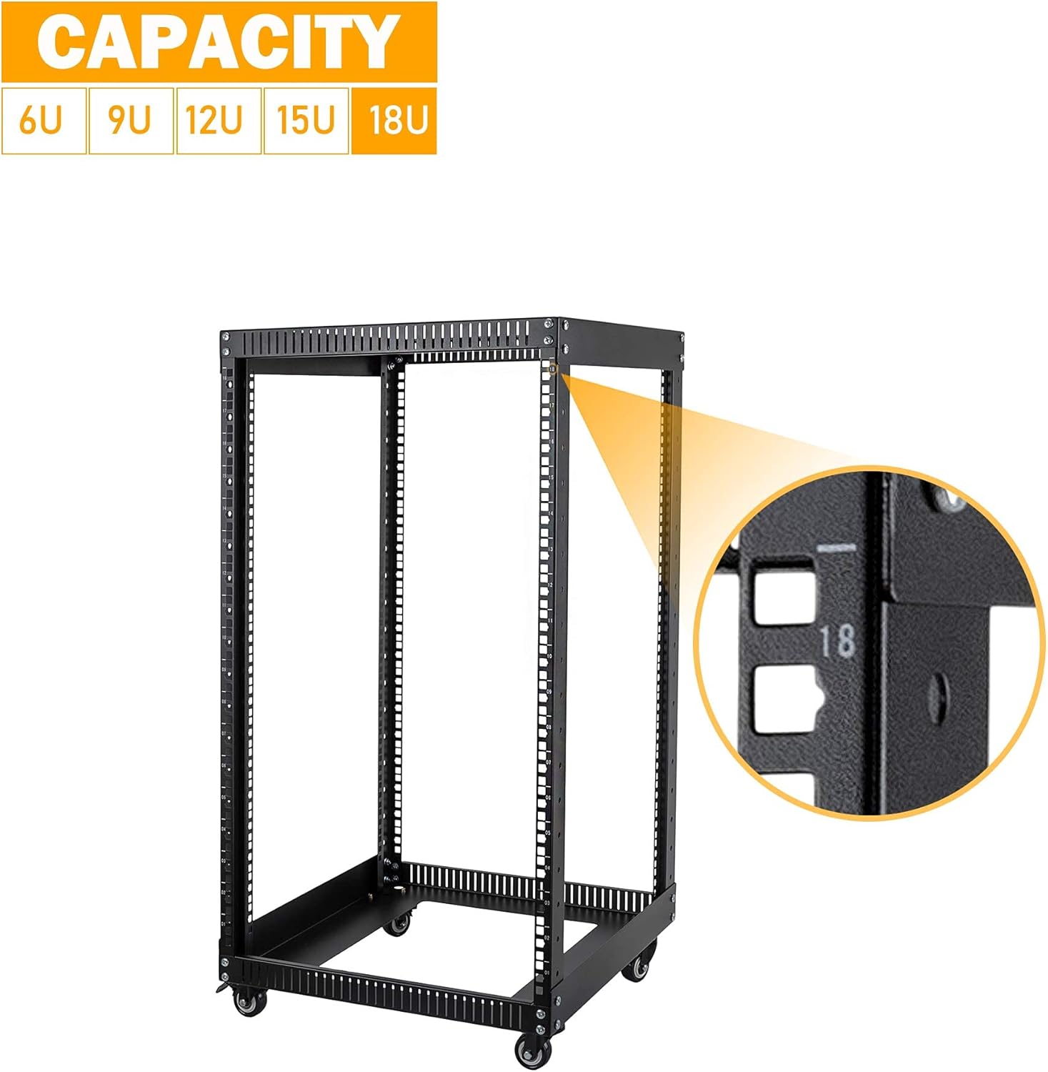 RIVECO 18U Open Frame Server Rack with Brake Casters- Heavy Duty 4 Post Quick Assembly 19-inch Rack Network Durable Black