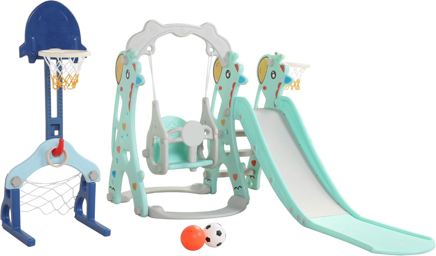 5 in 1 Toddler Slide and Swing Set Indoor Playground Play Freestanding Climber Toy Ball Outdoor Activity Center Kids Playsets for Backyard, Basketball Hoop, Football Gate, Ringtoss Kit, Green