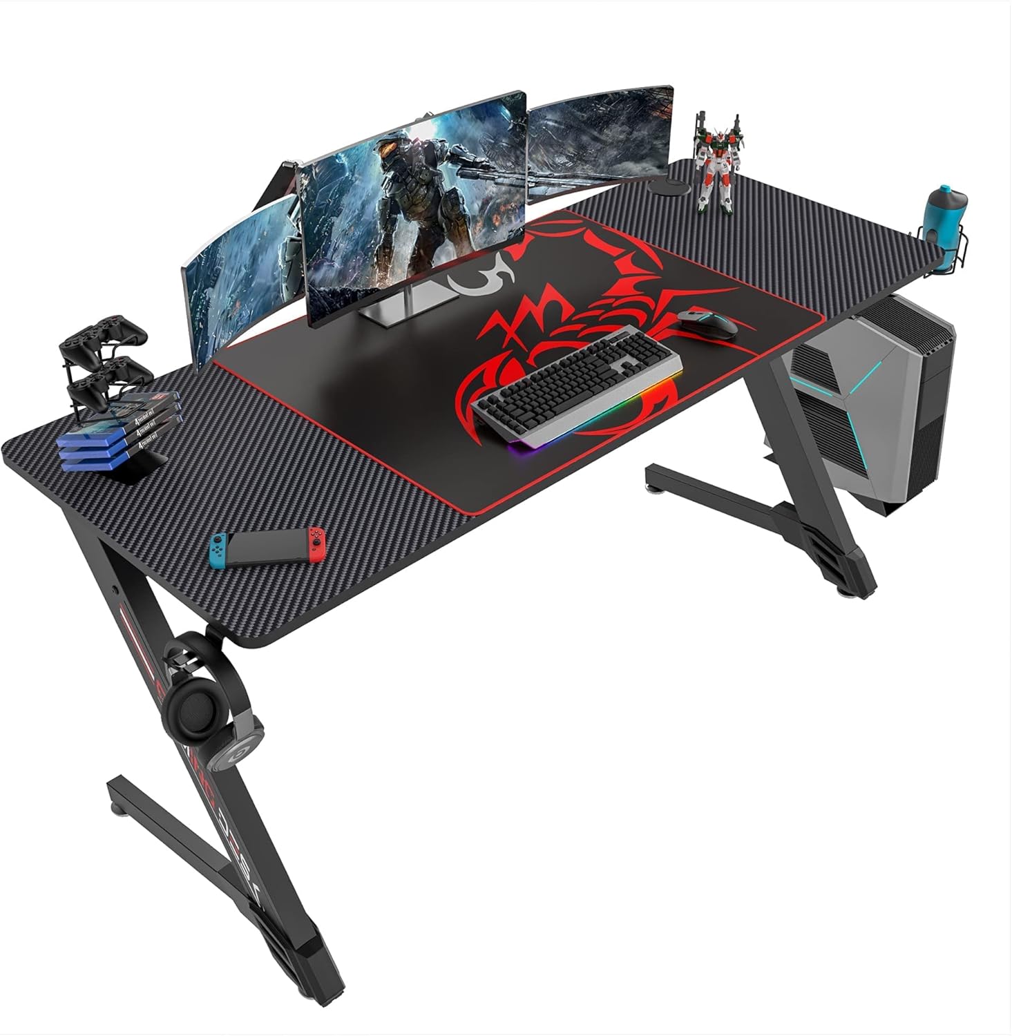 It's_Organized Gaming Desk,60 x 23 Inch Gaming Table Gamer Workstation with Free Mouse Pad Cup Holder Headphone Hook Handle Rack,Black