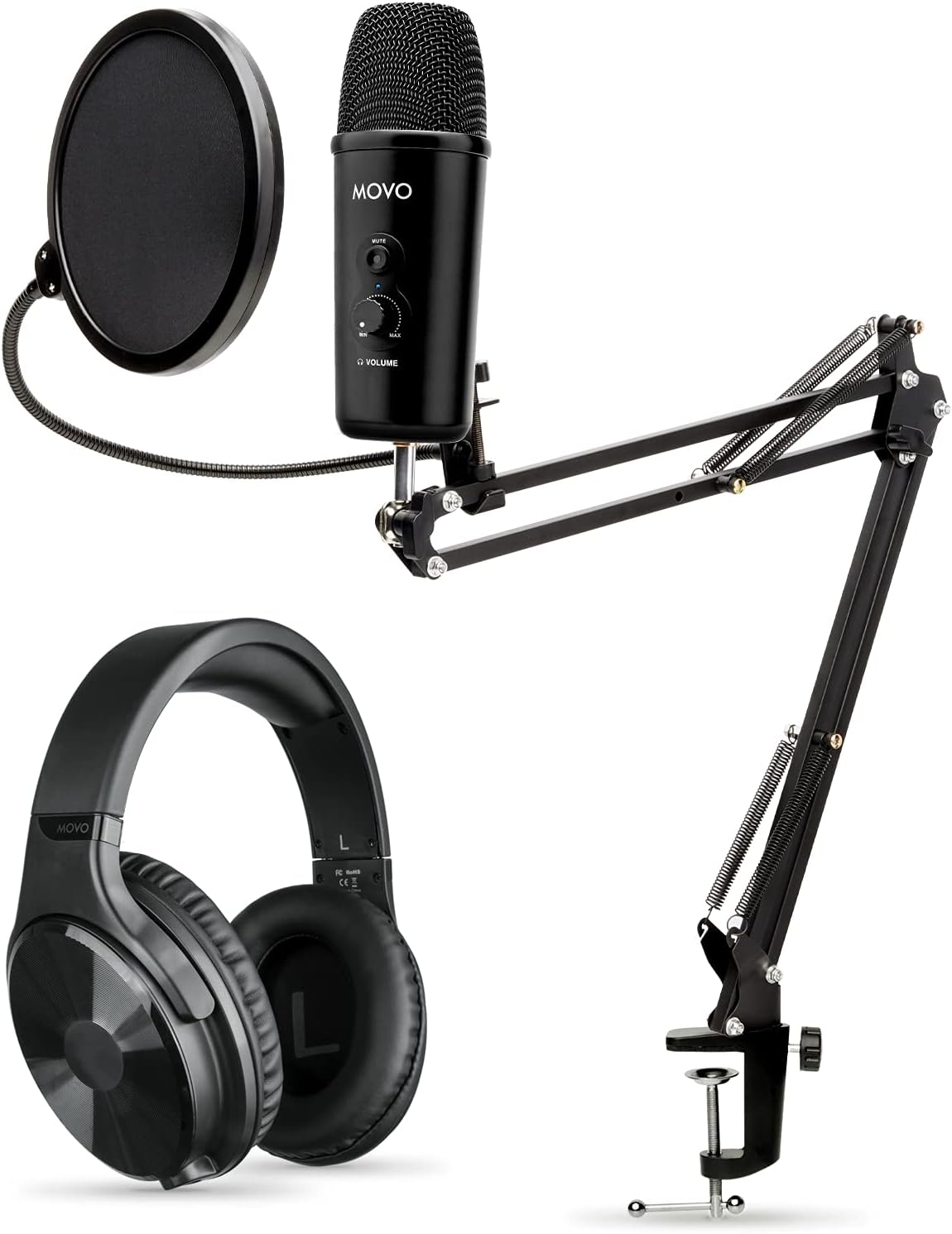 Movo Computer Microphone Podcast Kit with Studio Headphones, Mount, and Pop Filter - Podcast and Gaming Mic for PC, Mac, Over Ear Headphones Wired for 6.35mm, 3.5mm Input - Music Studio Accessories