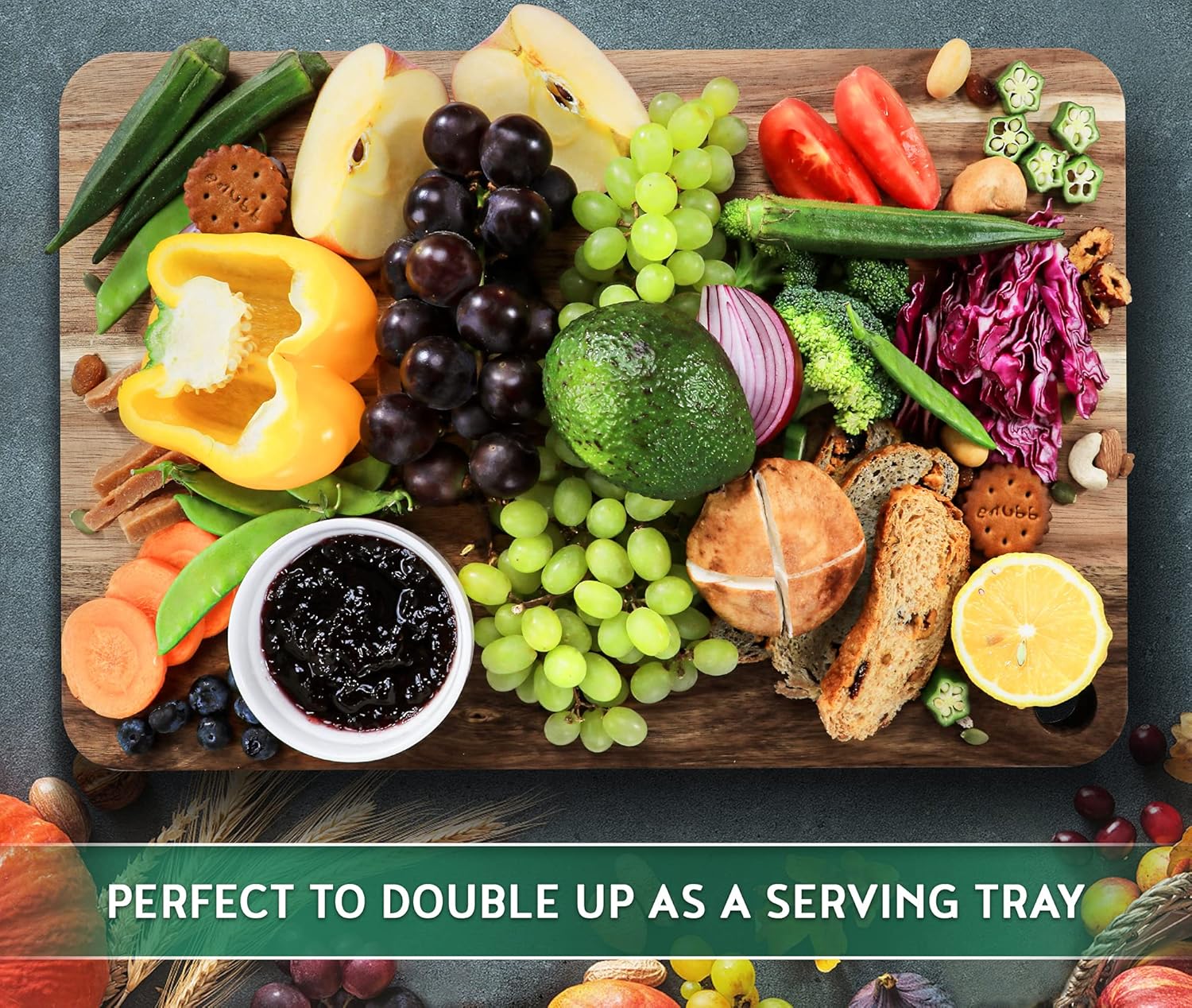 AZRHOM Large Wood Cutting Board for Kitchen 18x12 with Juice Groove Handle Non-slip Mats Hanging Hole for Meat Vegetables Cheese Chopping Board Butcher Block (Acacia)