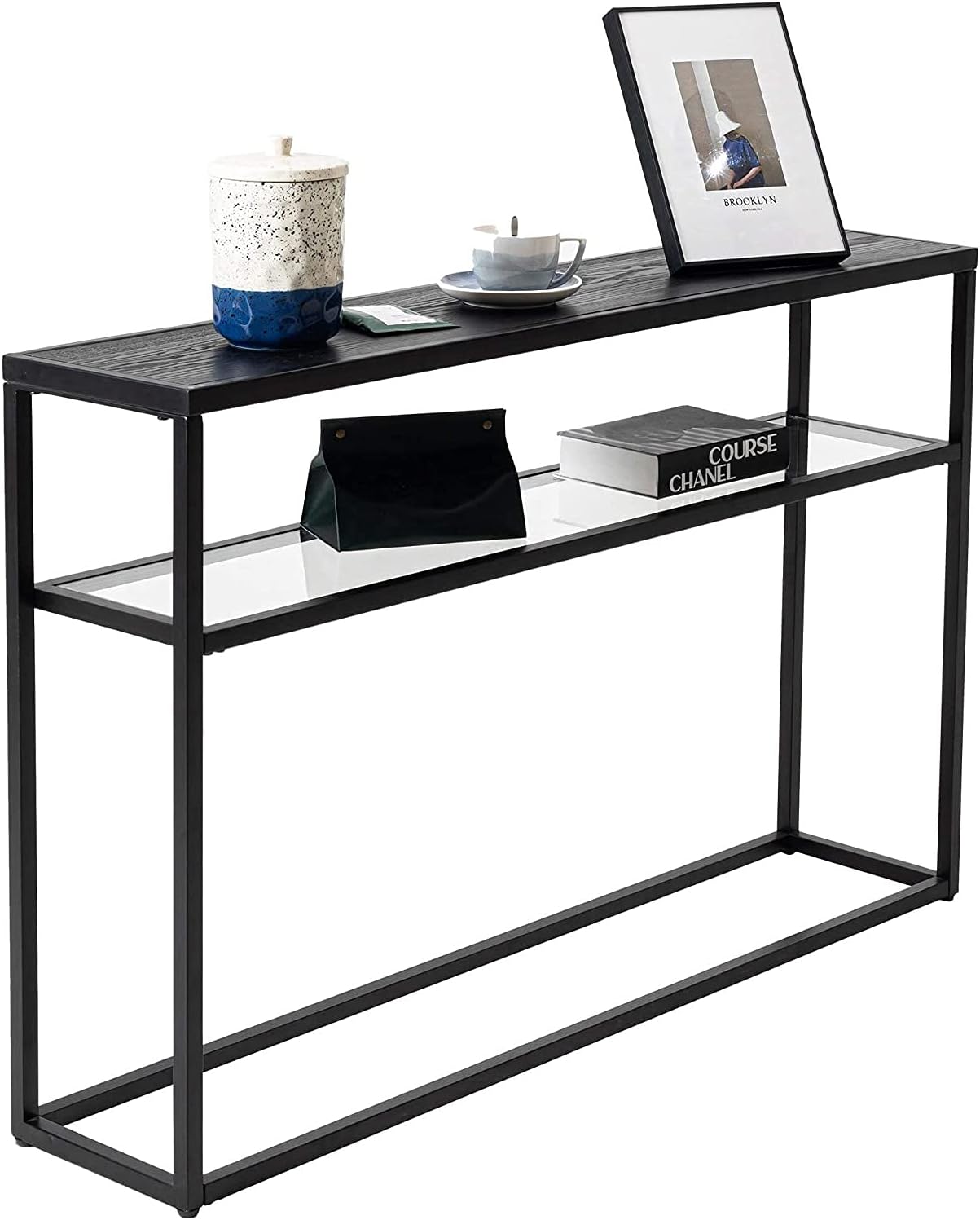 Black Narrow Console Sofa Table, 48'' 2-Tier Entryway Table with Tempered Glass Shelf for Living Room Hallway Foyer
