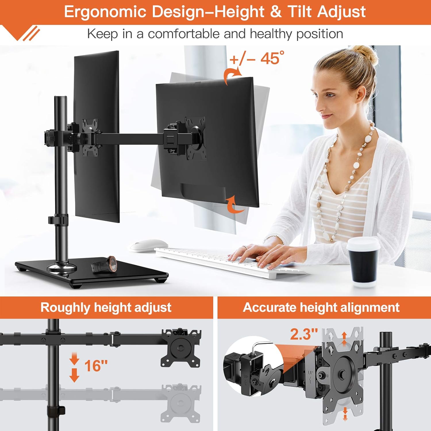 Perlegear Dual Monitor Stand, Freestanding Desk Mount with Glass Base Fit 17-32 inch Flat Curved Screen with Swivel, Tilt, Height Adjustable, Rotation, Each Arm Holds up to 26 lbs Pack of 2