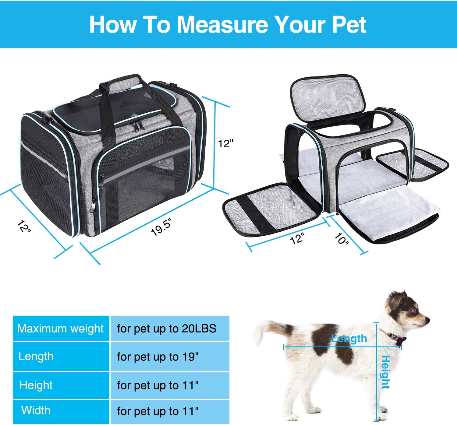 MASKEYON Airline Approved Large Soft-Sided Collapsible Pet Travel Carrier for Dog Puppy,Cats,2 Kitty,Portable Dog Travel Carrier with 5 Doors,3 Storage Pockets,Removable Pads,Detachable Shoulder Strap