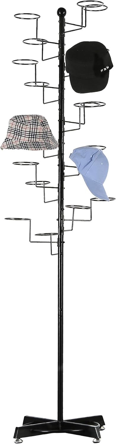 MyGift Modern Large Freestanding Hat Rack Stand, Black Metal Retail Wig or Hat Display Stand with 20 Customizable Circular Hooks