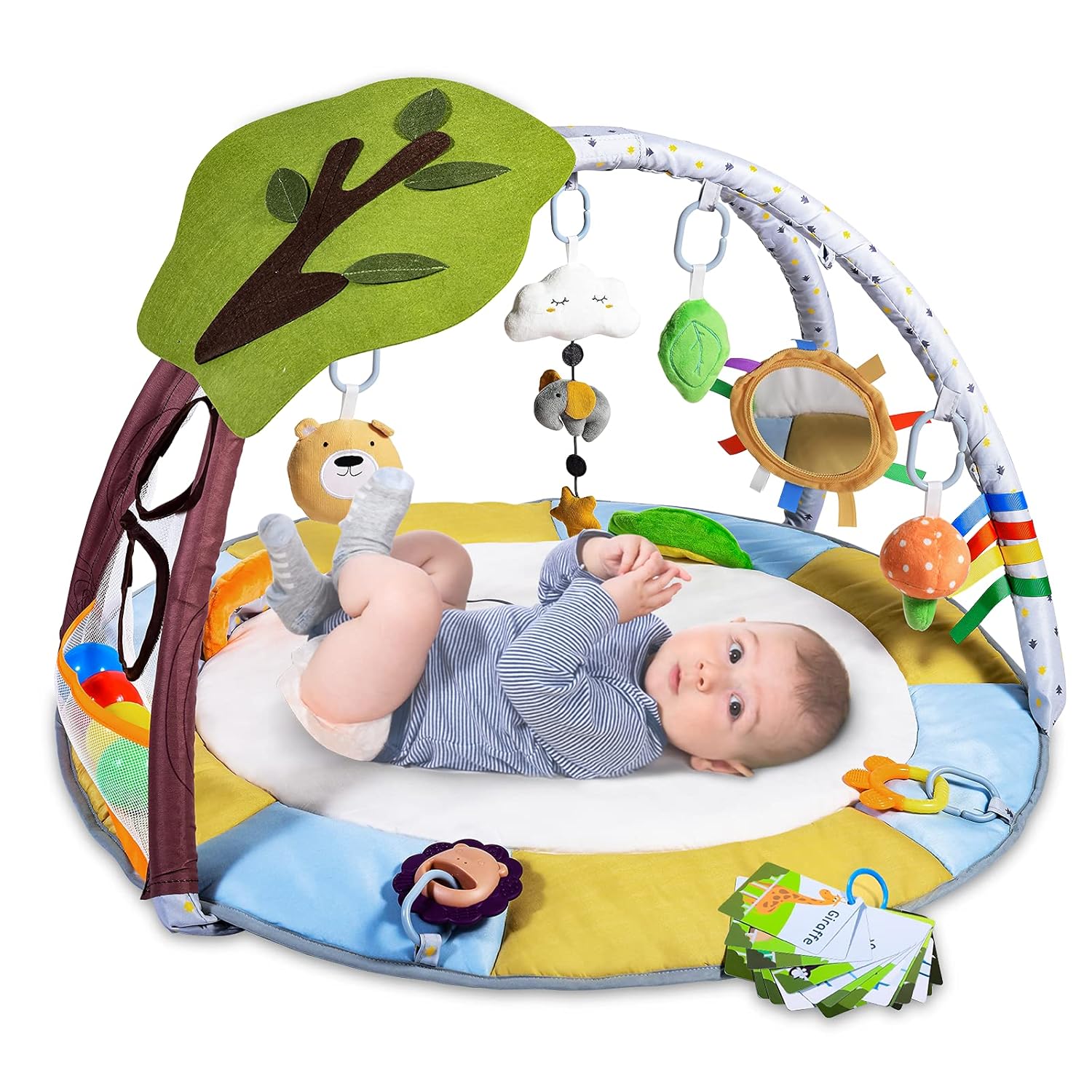 Lupantte Lion Baby Gym Play Mat with 9 Toys for Sensory and Motor Skill Development Language Discovery, Thicker Non-Slip Baby Activity Gym with Ball Pit, Green Tree for Babies as Shower/Christmas Gift Pack of 2
