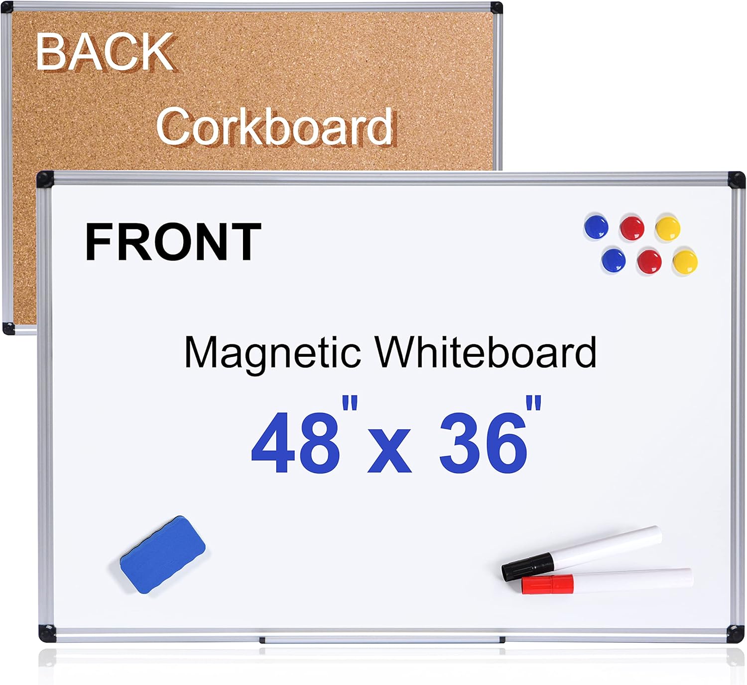 Board2by Magnetic Dry Erase Board 48 x 36 Inch, Silver Aluminum Frame 4x3 Whiteboard, Wall-Mounted White Board for Wall, Large Combination Board with Pens, Magnets and Pins for Office, School Pack of 2