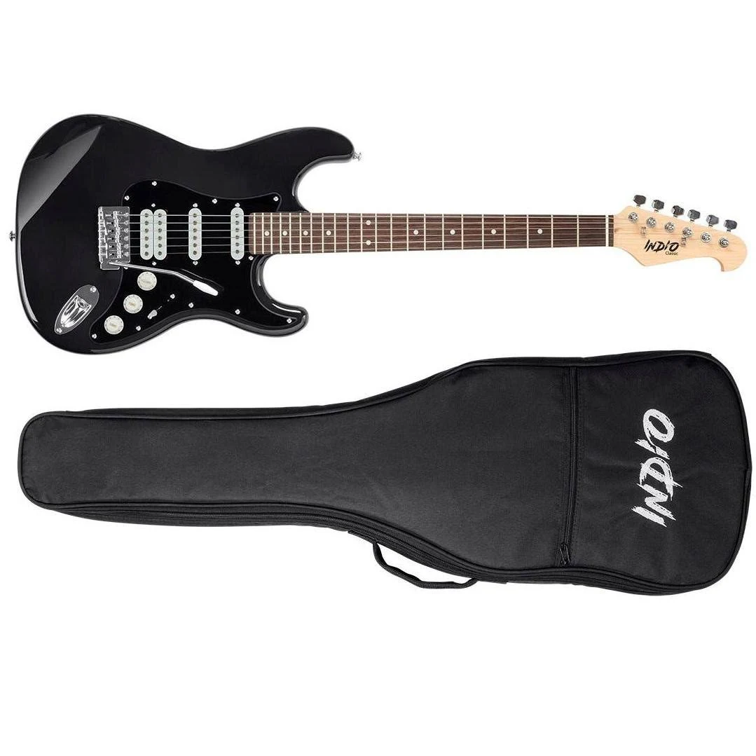 Monoprice Indio Cali Classic HSS Electric Guitar - Black, with Gig Bag
