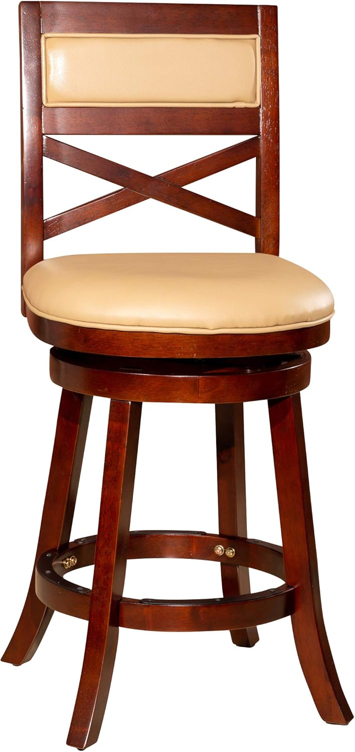 DTY Indoor Living Meeker X Back Bonded Leather Swivel Stool, 24” Counter Stool, Cherry Finish, Bone Leather Seat