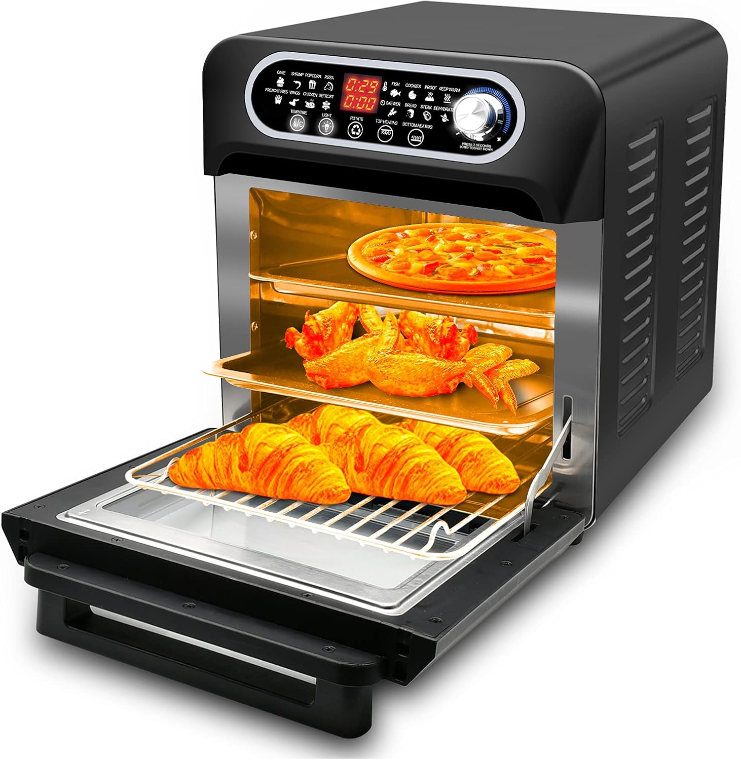 Air Fryer Oven, 15.8qt 3-layer Large Air fryer Toaster Oven Combo for Fries, Chicken, Pizza, Cake, Popcorn, Steak, Rotisseries, 16-in-1 Convection Oven Countertop with 6 Accessories,1500W, Stainless Steel Finish