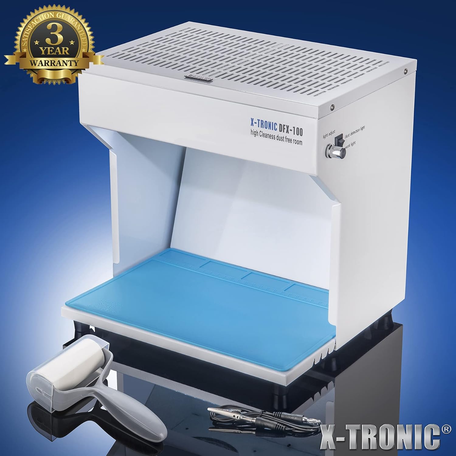 X-Tronic Model #DFX-100 &bull; Soldering Iron Station Dust Free Solder Fume Absorber Remover Extractor &bull; Adjustable Speed &bull; Work Light &bull; Silicone Work Mat &bull; Antistatic Alligator Clip &bull; Lint Roller!