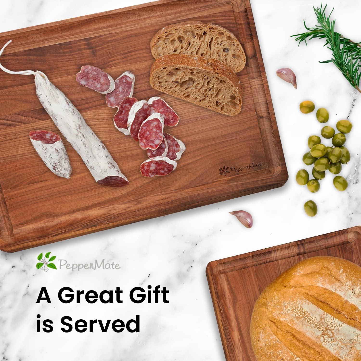 Preconditioned Walnut Kitchen Cutting Board – 8 x 12 x 0.75 In. Dark Hardwood Chopping Block with Juice Groove – Doubles as Cheese or Charcuterie Board – Home & Kitchen Accessories by PepperMate Pack of 2