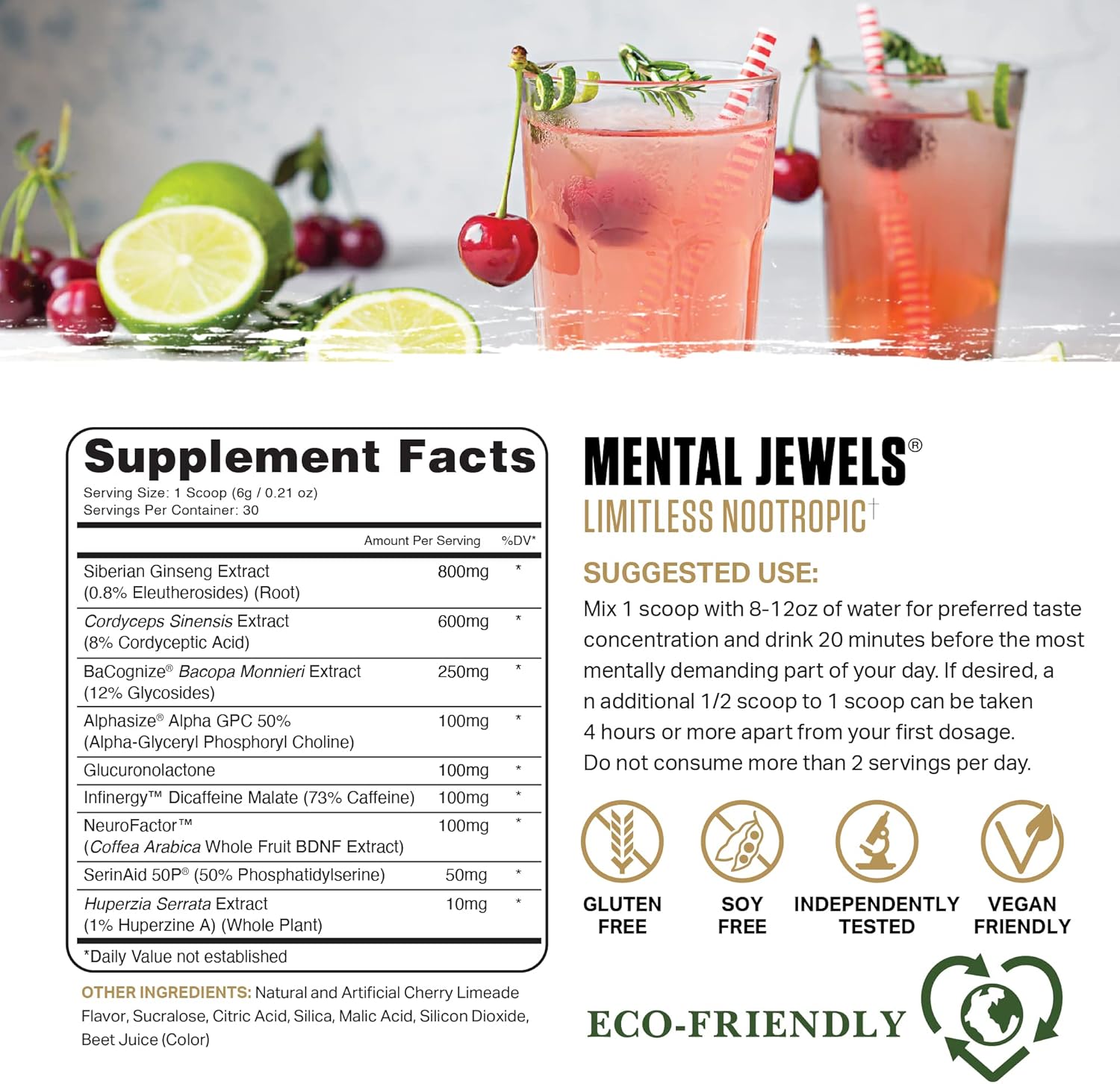 Ambrosia Mental Jewels Powder - Cognitive Enhancer | Increase Memory, Communication Skills, Concentration & Focus | Decrease Reaction Time | Alpha GPC, Choline, BaCognize | 30 Servings| Cherry Limeade Pack of 2