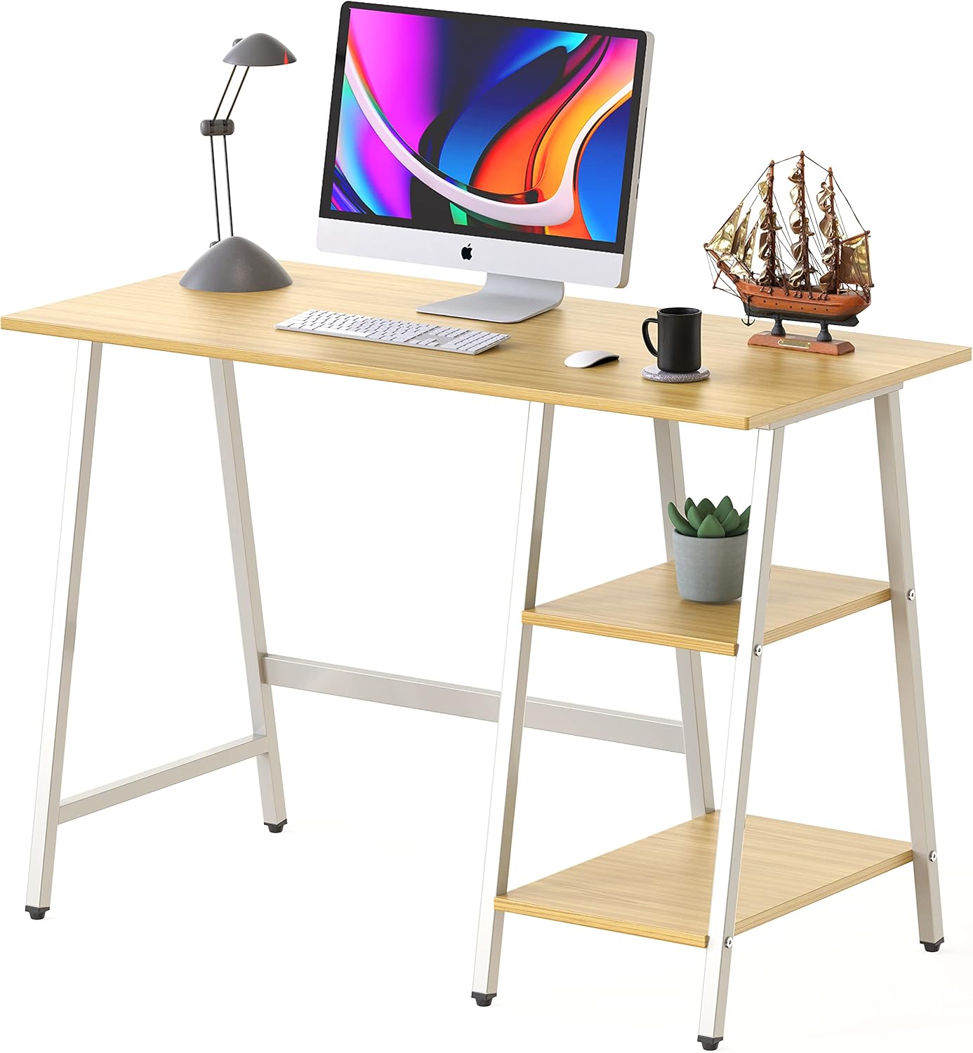 SHW Trestle Home Office Computer Desk, Oak Pack of 2