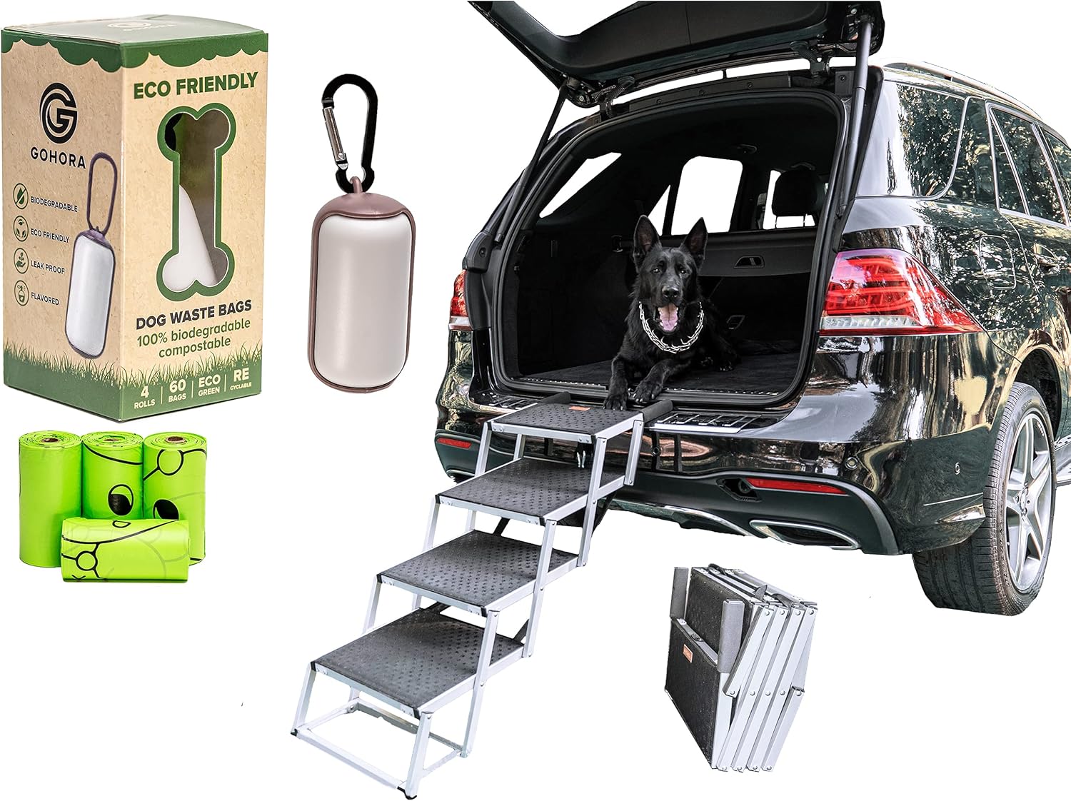 GOHORA Portable Dog Steps for Cars and SUV - High Pet Ramp for Large and Small Dogs with Folding Stairs - Aluminum Dog Ladder for Pickup Truck, RV, Tall Beds - Non-Slip Surface&Lightweight Max 150 lbs